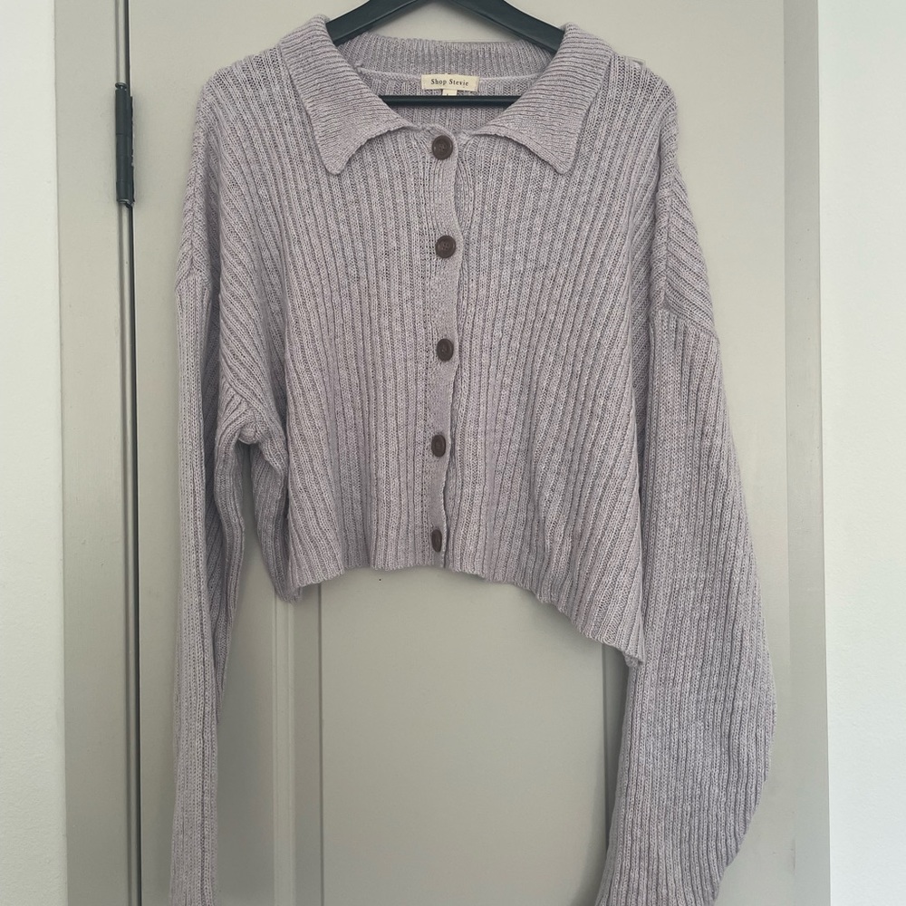 Shop Stevie Lilac Ribbed Collared Cardigan Sweater
